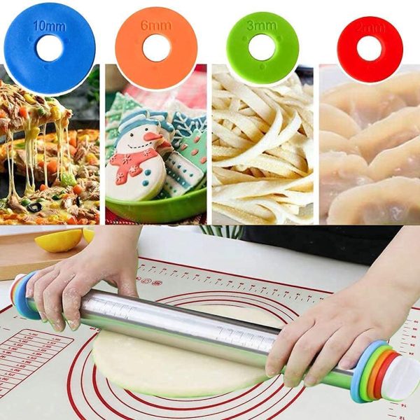 Rolling Pin and Silicone Baking Pastry Mat Set, Stainless Steel Dough Roller, Rolling Pins with Adjustable Thickness Rings, for Baking Dough, Pizza, Pie, Pastries, Pasta, Cookies - Image 8