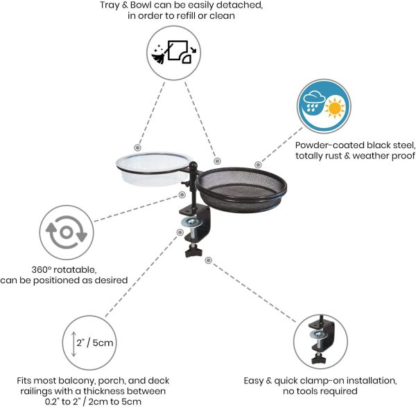 llevantics Deck Bird Feeder Bath - Railing Mounted with Seed Tray and Water Bowl Adjustable Clamp Bracket for Easy Installation Powder-Coated Black Steel Completed with 2 Multifunctional S-Hooks - Image 3