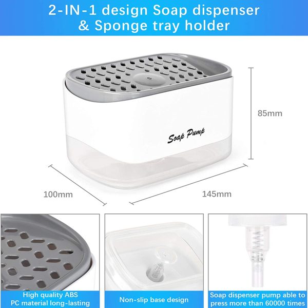 Kitchen Dish Soap Dispenser with Sponge Holder, 2022 Newest 2-in-1 Countertop Soap Pump Dispenser, for Kitchen Sink Dishwashing Soap Dispenser - 12.5 Ounces - Image 6