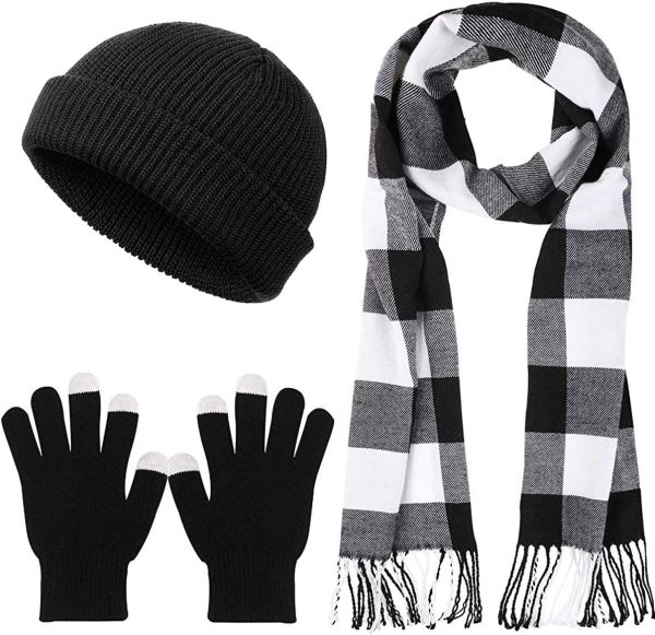 Winter Warm Knitted Beanie Hat Gloves and Plaid Scarf Set for Men Women Christmas Decoration - Image 7