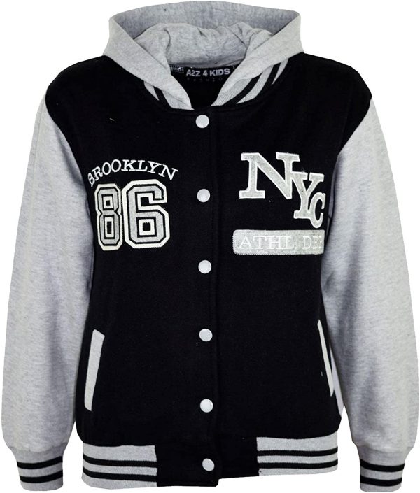 Kids Girls Boys Baseball NYC Athletic Hooded Jacket Varsity Hoodie Age 7-13 Year