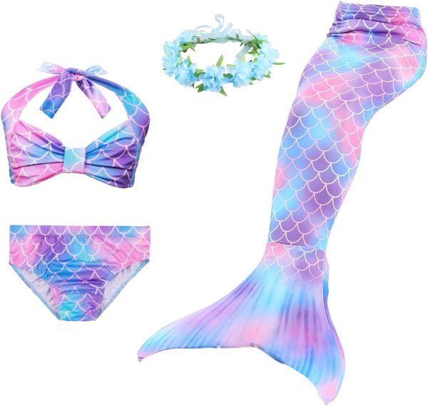 LAO&HAI Girls Mermaid Tail for Swimming and Flower Headband 4 Piece