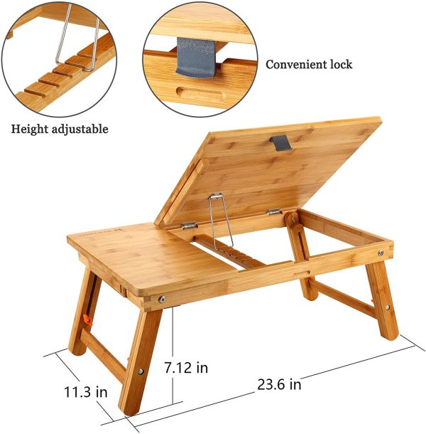 Laptop Desk  Table Adjustable 100% Bamboo Foldable Breakfast Serving Bed Tray w' Tilting Top Drawer - Image 3