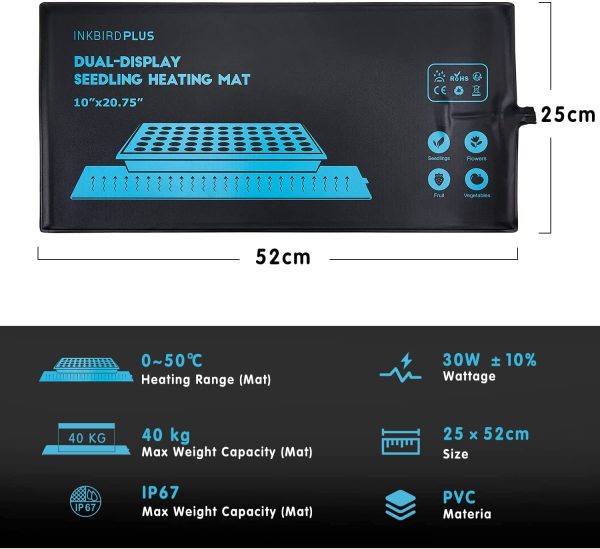 INKBIRDPLUS Seedling Heat Mat Heating Pad 30W Waterproof with Thermostat Control for Plant Germination Hydroponics Indoor Seed Starting Digital Thermostat Control Monitor Indoor Thermometer 52x25cm - Image 2