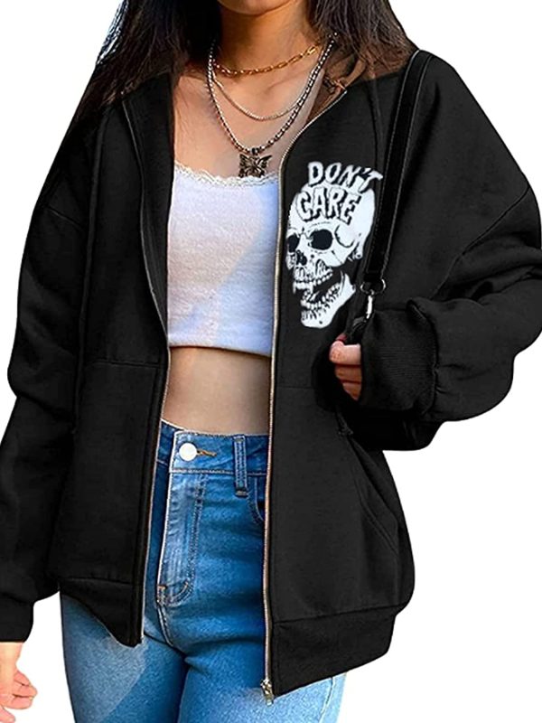 Tophoopp Zip Up Hoodies for Women, Casual Women's Y2K Skull Graphic Pullover Sweatshirt Hoodies Plus Fit Sweater Jacket Coat - Image 3