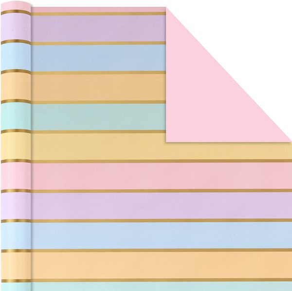 Reversible Rainbow Wrapping Paper (3 Rolls: 75 sq. ft. TTL) Pastel, Jewel Tone, Classic Stripes, Solid Pink, Blue, Red for Easter, Birthdays, Weddings, Bridal Showers, Baby, Back to School - Image 2