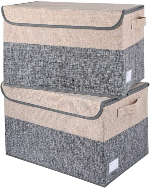 Storage Bins with Lids set of 3 Foldable Storage Boxes with Lids Storage Baskets Storage Containers Organizers with for Toys,Clothes and Books (15.7 x 11 x 9.8 inches, Grey and Beige) (2PCS) - Image 5