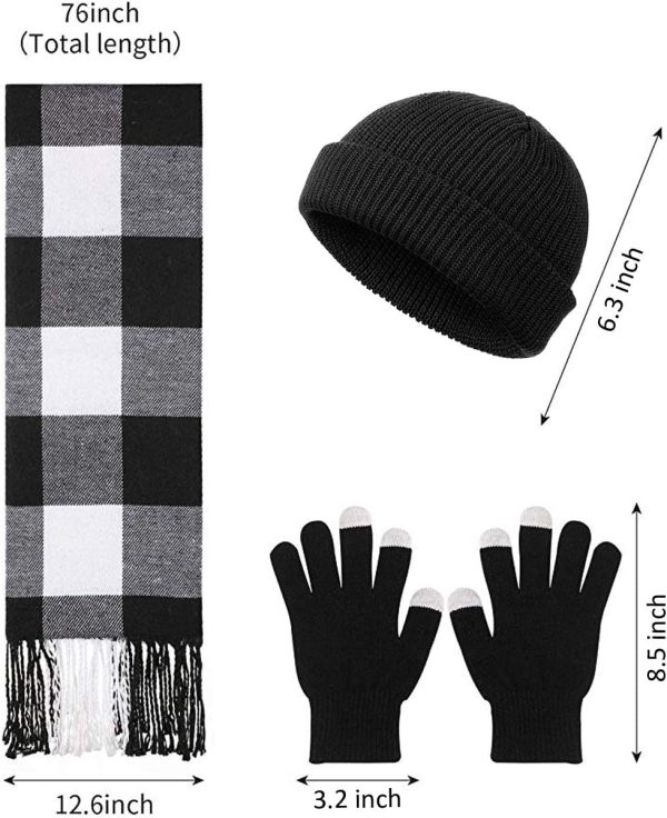 Winter Warm Knitted Beanie Hat Gloves and Plaid Scarf Set for Men Women Christmas Decoration - Image 3