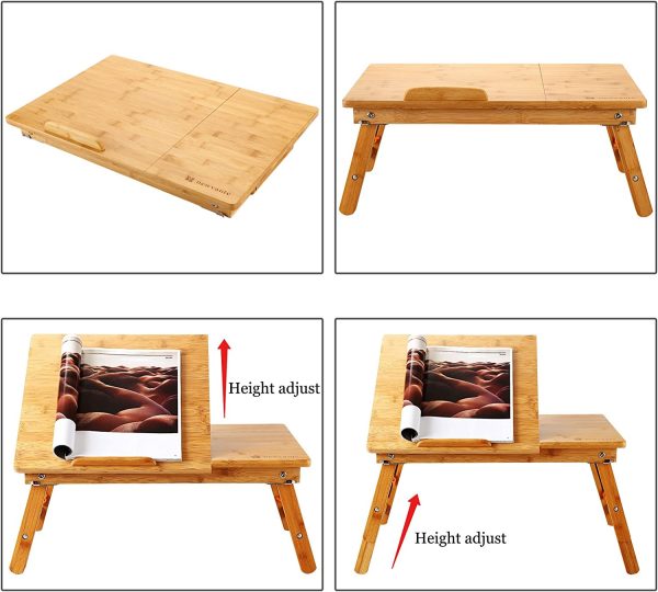 Laptop Desk  Table Adjustable 100% Bamboo Foldable Breakfast Serving Bed Tray w' Tilting Top Drawer - Image 7