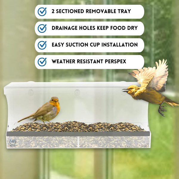 Large Window Bird Feeder with Strong Suction Cups ?C Perspex Bird Feeding Station with 2-Sections, Removable Tray & Drainage Holes to Keep Food Dry ?C for up to Medium size Native Birds by MJB Inspired? - Image 2