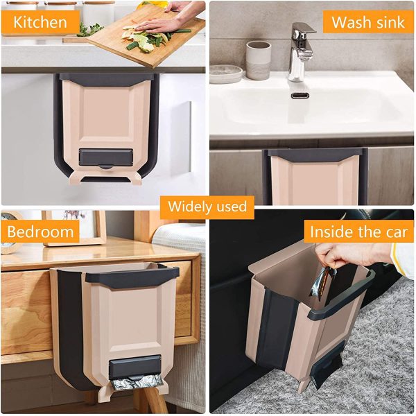 Kitchen Bin,Rubbish Bin Plastic Folding Wall Mounted for Cupboard Door Hanging Trash Can 8L (Beige) - Image 4