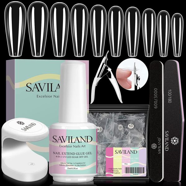 Saviland Nail Tips and Glue Gel Kit - 500PCS Long Press on Nails Clear Fake Coffin Nails Tips, Acrylic Nail Kit with 15ML 4-in-1 Nail Glue Gel and Mini Nail Lamp for Nail Extension Kit - Image 3