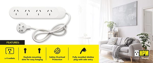 HPM R105 Standard Overload 4 Outlet Powerboard Powerboard - Standard 10A 2400W 4 outlets White Overload Protection 0.9m Lead, White - Image 2