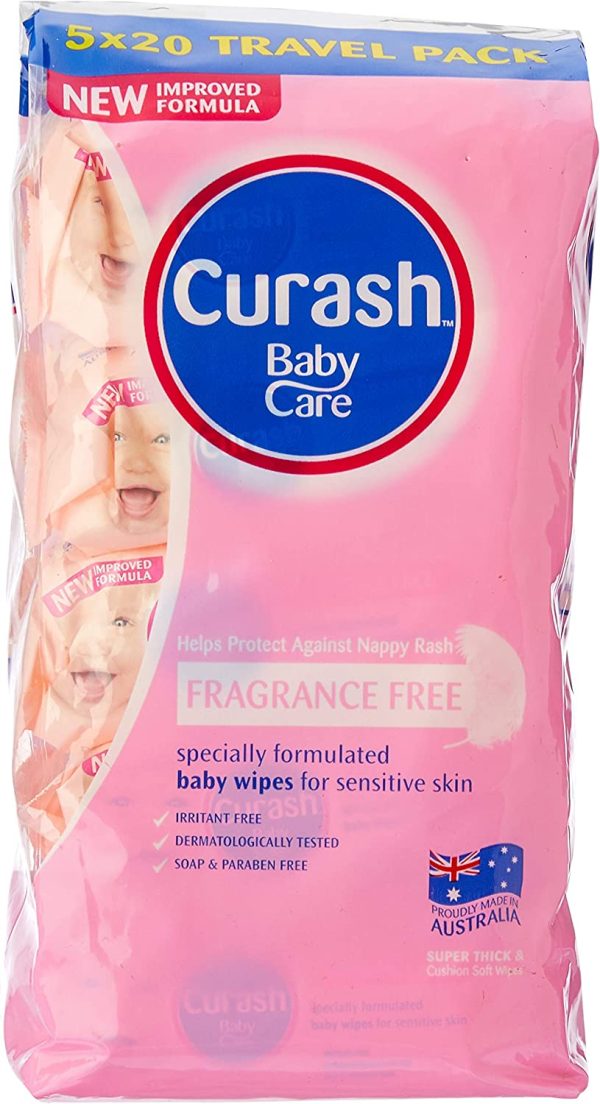 Curash Fragrance Free Travel Pack Baby Wipes 5X20PK