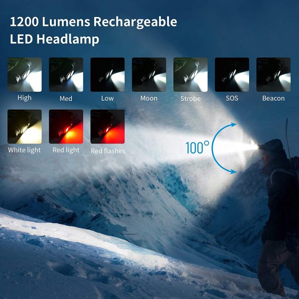 H1 LED Headlamp Flashlight USB Rechargeable 1200 Lumens White & Red Light 10 Modes IP68 Waterproof Hard Hat Head Lamp for Work, Hiking, Climbing, Fishing, Hunting - Image 2