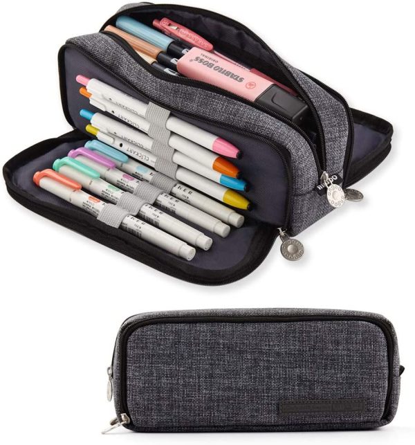 Large Pencil Case Big Capacity 3 Compartments Canvas Pencil Pouch for Teen Boys Girls School Students (Black) - Image 4