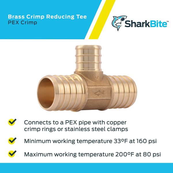 SharkBite 1 Inch x 1 Inch x 3/4 Inch Crimp Reducing Tee, Brass Plumbing Fitting, PEX Pipe, PE-RT, UC416LFA - Image 3