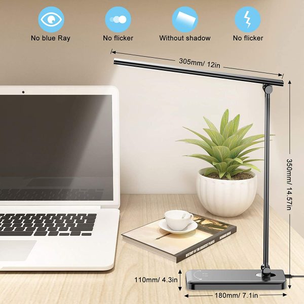 LED Desk Lamp with USB Charging Port, Dimmable Eye-Caring Table Lamp with 5 Color Modes & 10 Brightness Levels, Auto Timer, Memory Function, Touch Control Task Lamp for Work Home Office Study(Black) - Image 8