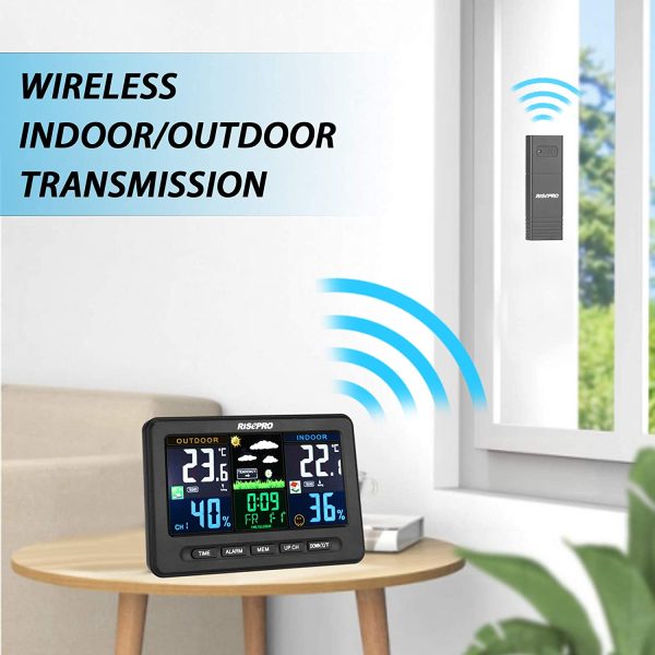 RISEPRO Wireless Weather Station with Outdoor Remote Sensor in/Out Temperature and Humidity Alarm Clock Calendar Weather Forecaster with Color LCD Display - Image 6