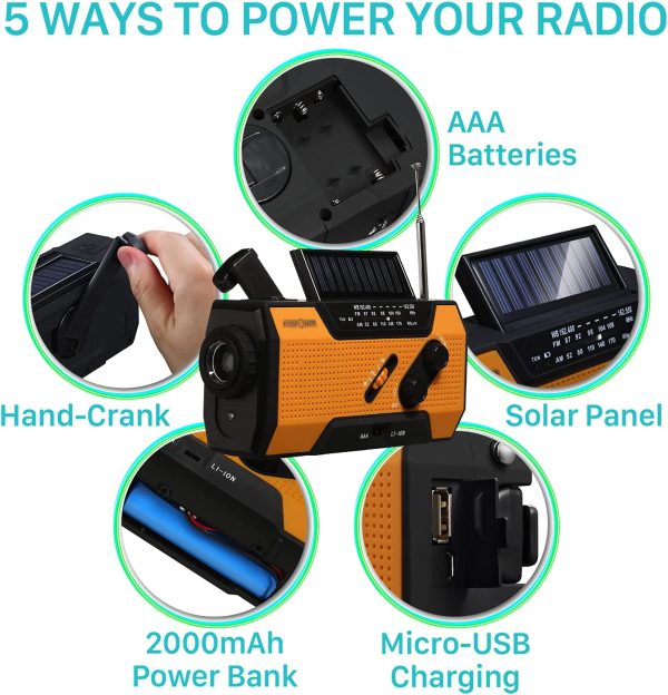 Solar Crank Radio Model A1 for Emergency with AM/FM, Flashlight, Reading Lamp and 2000mAh Power Bank - Orange (Includes Carabiner) IPX3