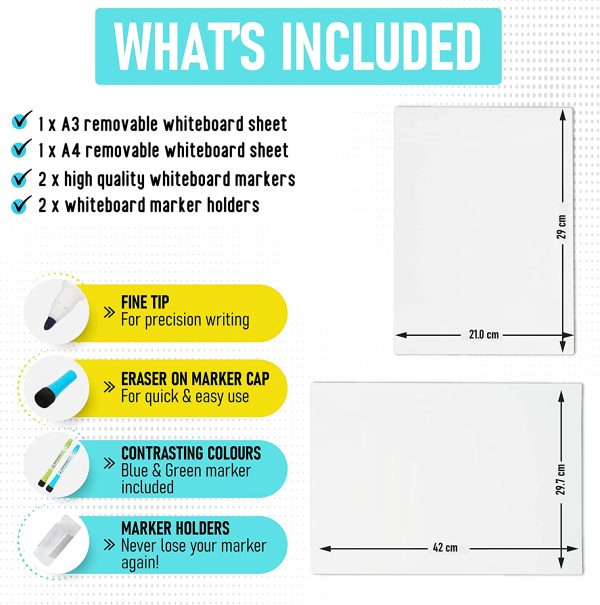 KAN-DO Portable Whiteboards for Fridge, Walls and More, Stick Securely & Remove Cleanly from ANY Smooth Surface, Convenient Fridge Whiteboard, 2 Dry Erase Whiteboard Markers & Marker Holders (A3 & A4) - Image 3