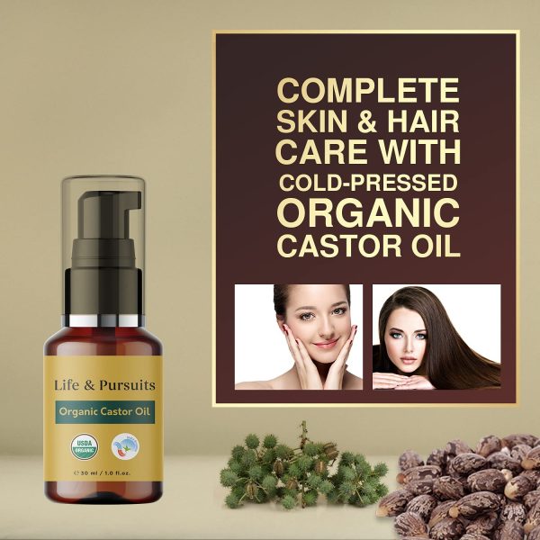 Organic Castor Oil (30 ml) for Eyebrows and Eyelashes, USDA Certified, 100% Cold-pressed | Life & Pursuits Castor Oil for Hair Growth with 2 set of Eyebrows & Eyelashes Brushes - Image 3