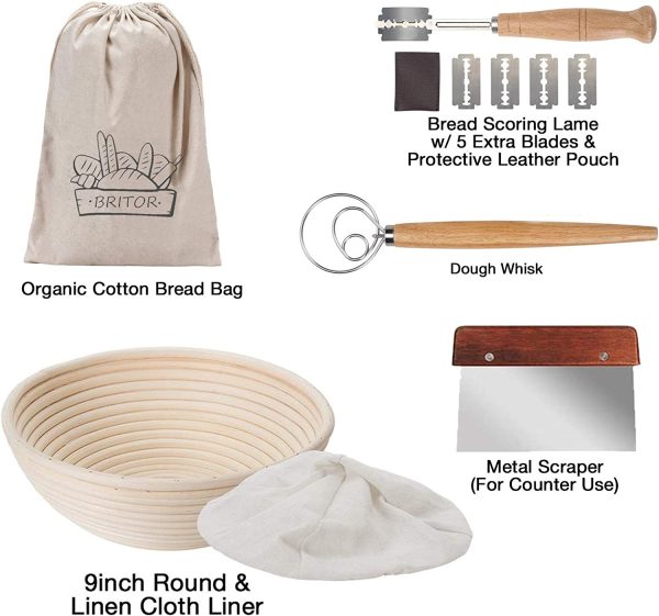 Proofing Basket, 9 Inch Bread Proofing Basket, Bread lame,Dough Scraper,Linen Liner Cloth??Dough Whisk??Storage Bag, Proofing Basket Kit - Image 2