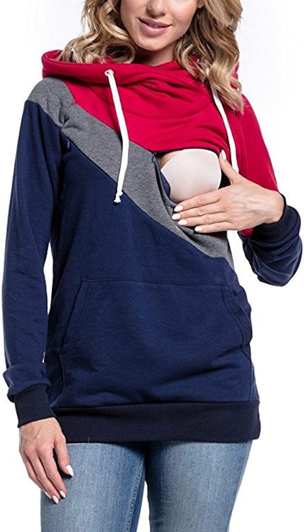 Elonglin Women's Maternity Hoodie Nursing Sweatshirt Kangaroo Pocket Colour Block Casual Breastfeeding Hooded Tops Blouse - Image 2