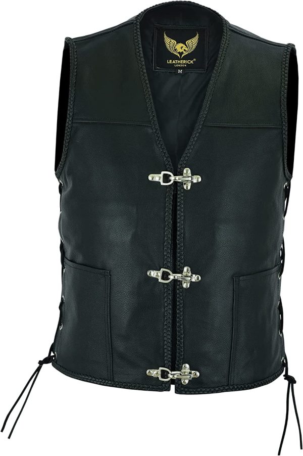 Leatherick Black Braided Fish hook Buckle real leather Motorcycle vest with adjustable side laces Black - Image 6