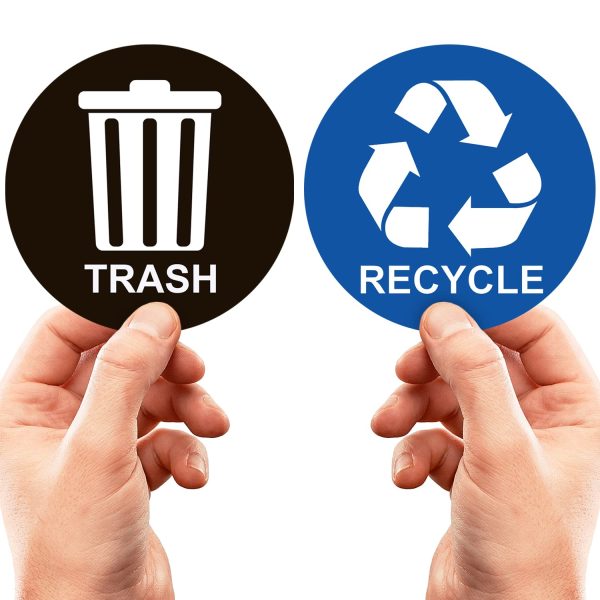 Recycle Sticker for Trash Can - Perfect Bin Labels - 5" by 5" - Ideal Signs for use on Home or Office Refuse Bins - Suitable for Indoor and Outdoor use - 2 Pack - Blue for Recycling, Black for Trash - Image 4