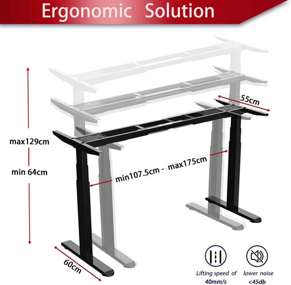 Electric Stand Up Desk Frame/Anti-Collision/Dual Motor 3 Tiers Legs Height Adjustable Standing Desk Base Home Office DIY Ergonomic Workstation/No Desktop (Black) - Image 6