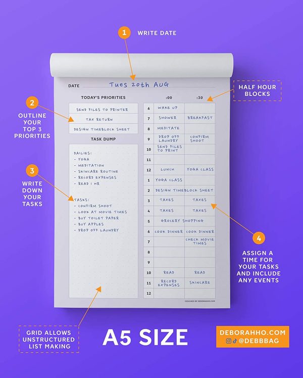 Daily Timeblock Planner A5 - Undated, Productivity, to-Do List, TimeBoxing, Time Management, Notepad, Diary - Image 2