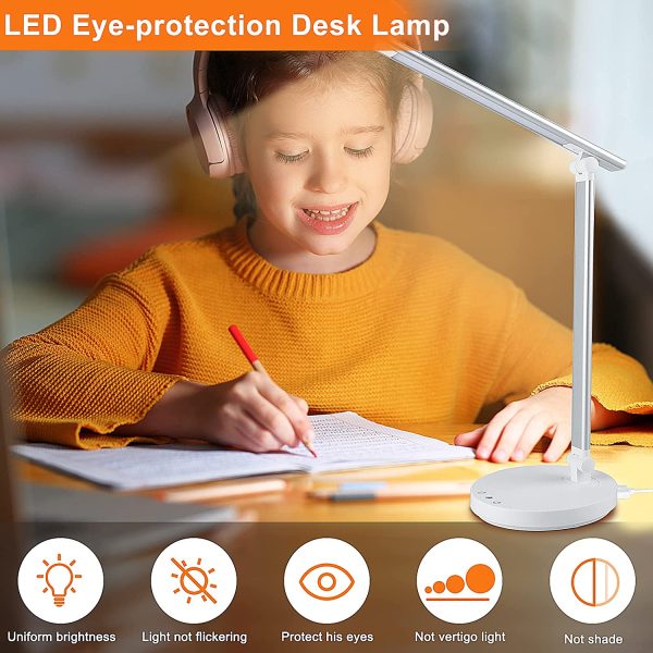 LED Desk Lamp Eye-Caring Table Lamp with USB Charging Port,  Dimmable Reading Light for Home Office, Touch Control Lamp - 5 Color Modes & 5 Brightness Levels, 45 Mins Auto Timer - Image 7