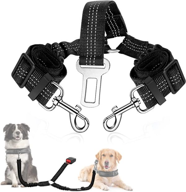 SlowTon Double Dog Seatbelt, Dual Pet Car Seat Belt Adjustable Double Dog Coupler Lead with Elastic Bungee and Reflective Stripe No Tangle Safety Belt Splitter in Vehicle for Two Pets Trip Travel (Black) - Image 4