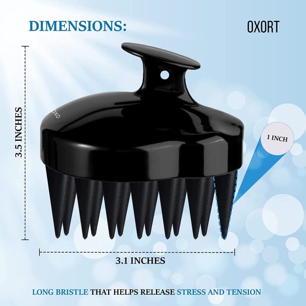 OXORT Wet & Dry Hair Scalp Massager ?C Waterproof Scalp Brush with 1 inch long Soft Silicone Bristles & Hanging String for Reduced Dead Cell, Flaky Skin & Dandruff ?C Suitable for All Hair Type and Style (Black)