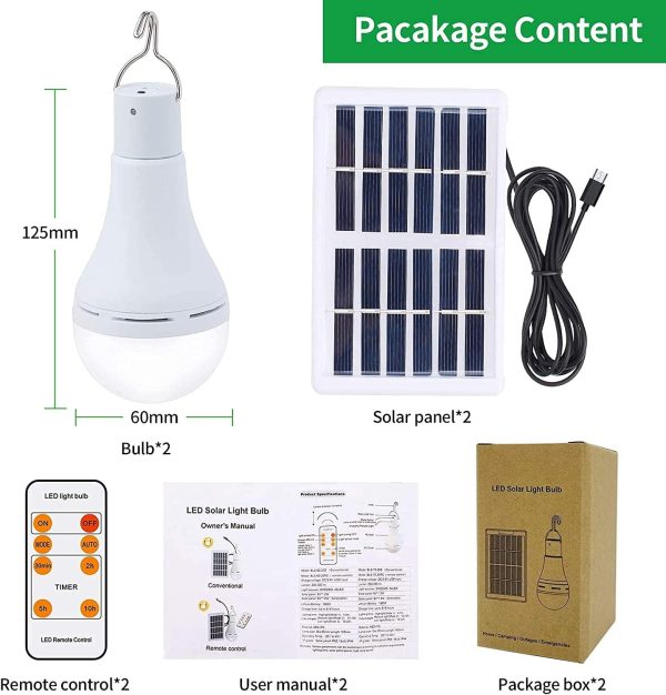 Solar Light Bulb Outdoor Portable Rechargeable Solar lamp Lights for Home Yard Patio Umbrella Chicken Coop Pet House Blackout Camping Hiking Light Sensor Dimmable Remote Control (9W) - Image 2