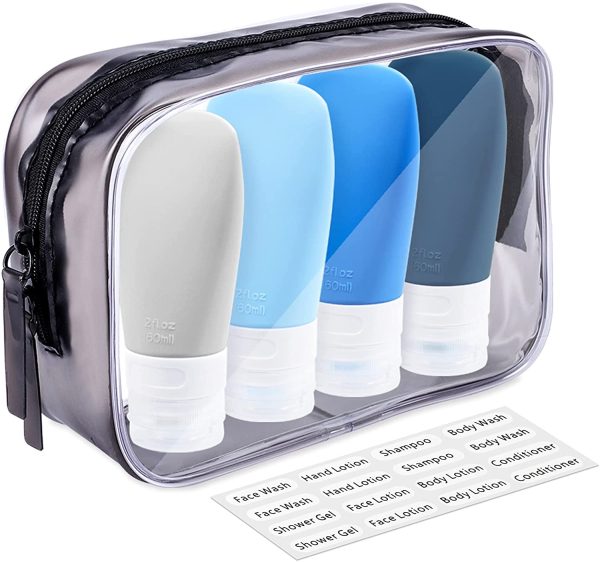 Portable Travel Bottles, INSFIT TSA Carry On Approved Toiletries Containers, 2 Ounce Leak Proof Squeezable Silicone Tubes, Refillable Travel Accessories for Shampoo Body Wash Liquids 4 Pack Blue - Image 4