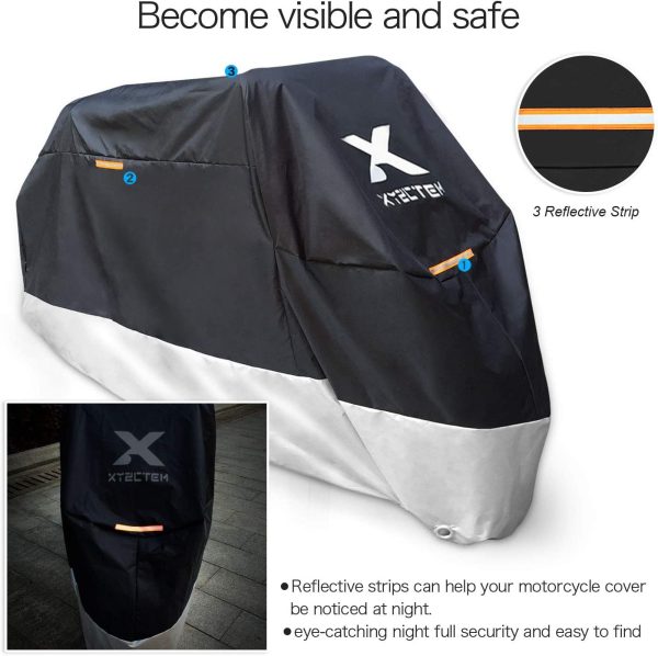 Motorcycle Cover ?C All Season Black Waterproof Outdoor Protection ?C Fit for 96 inch Tour Bikes, Choppers and Cruisers ?C Protect Against Dust, Debris, Rain and Weather (XL with Logo) - Image 4