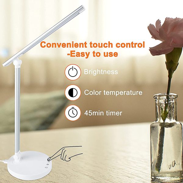 LED Desk Lamp Eye-Caring Table Lamp with USB Charging Port,  Dimmable Reading Light for Home Office, Touch Control Lamp - 5 Color Modes & 5 Brightness Levels, 45 Mins Auto Timer - Image 6