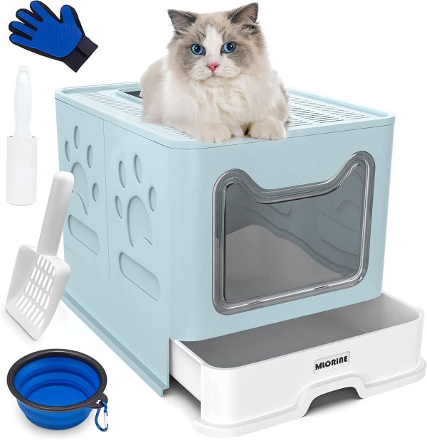 Cat Litter Box Large Pan - Foldable Top Exit Pet Boxes with Entry Lid, Plastic Cleaning Scoop,Cat Nail Clippers,Portable Cats Bowl (Blue) - Image 7