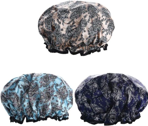 Waterproof Shower Cap 3 PACK, Double Layers Bath Cap with Adjustable Elastic Band, Stylish Shower Cap for Women Long Thick Hair (Multi-colored 1) - Image 3