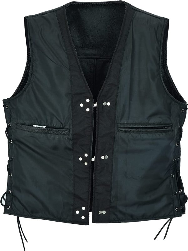 Leatherick Black Braided Fish hook Buckle real leather Motorcycle vest with adjustable side laces Black - Image 5