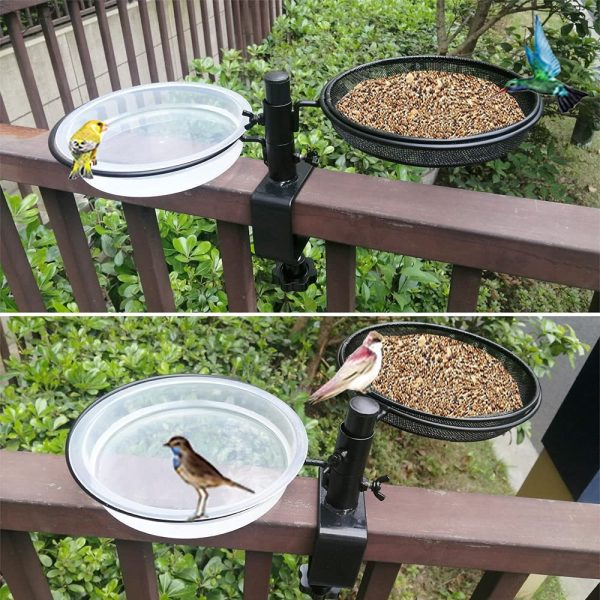 HLTOP Deck Bird Feeders Deck Mount Bird Bath with Metal Mesh Tray and Water Bowl - Detachable and Adjustable Heavy Duty Sturdy Clamp Stand - Balcony Bird Feeder Perfect for Attracting Birds - Image 6