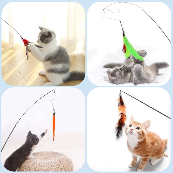 Hianjoo Feather Teaser Cat Toy Set 12 pcs, Interactive Toys for Cats 2 Retractable Cat Wand Funny Sticks and 10 Replacement Feather Teaser with Bell for Kitten Cat Catcher Having Fun Exercise Playing - Image 4