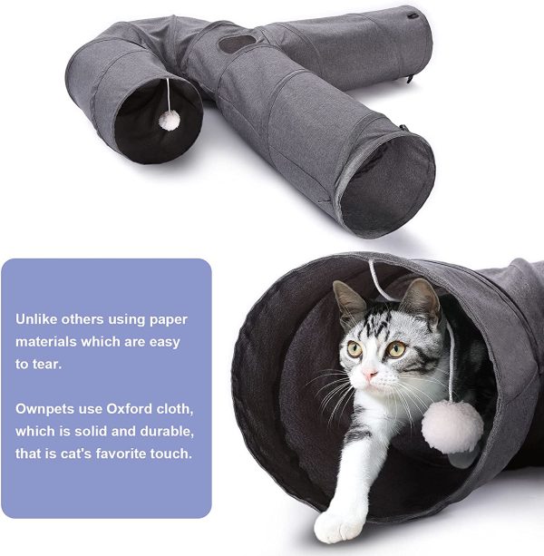 Ownpets Cat Tunnel Large 3 Way Collapsible Cloth Pet Tunnel Tube with Plush Ball & Feather Toy, U-Shaped Cat Play Tunnel for Indoor Cat, Puppy, Kitty, Kitten, Rabbit(Gray) - Image 4