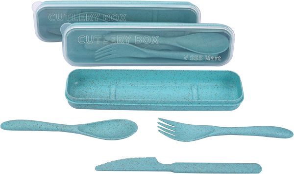 Premium Quality Portable, Wheat Straw, Eco Friendly, Daily use/School/Office/Camping/Hiking/Outdoor use CUTLERY SET/TABLEWARE including KNIFE, SPOON, FORK with CASE IN 4 COLORS great for Adults as well kids (Green)