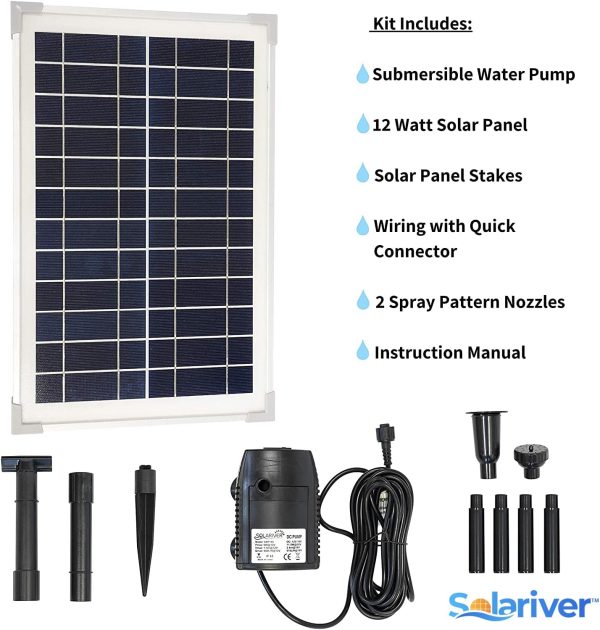 Solariver Solar Water Pump Kit - 680 L/Hr - Submersible Water Pump with Adjustable Flow, 12 Watt Solar Panel for Sun Powered Fountain, Pond Aeration, Aquaculture, Hydroponics (NO Battery, Daytime Operation Only)