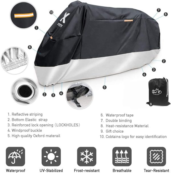 Motorcycle Cover ?C All Season Black Waterproof Outdoor Protection ?C Fit for 96 inch Tour Bikes, Choppers and Cruisers ?C Protect Against Dust, Debris, Rain and Weather (XL with Logo) - Image 5