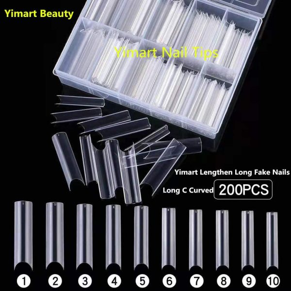 Yimart Long C Curved False Nail Tips - Lengthen C Curved Nail Tips - Long C Curve False Nails - 200pcs/box XL Lengthen C Curve Fake Nails Premium Square French Acrylic Nail Tips (Clear With Box) - Image 7