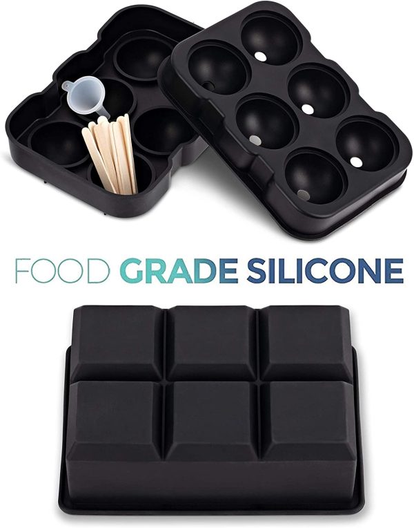 SUNSET Silicone Ice Cube Trays ?C Set of 2 Large Ice Cube Molds + Funnel | Square Ice Tray for freezer & Sphere Ice Ball Maker for Refrigerator | Reusable BPA Free Ice Moulds for Whiskey, Cocktails & more) | AUSSIE Seller